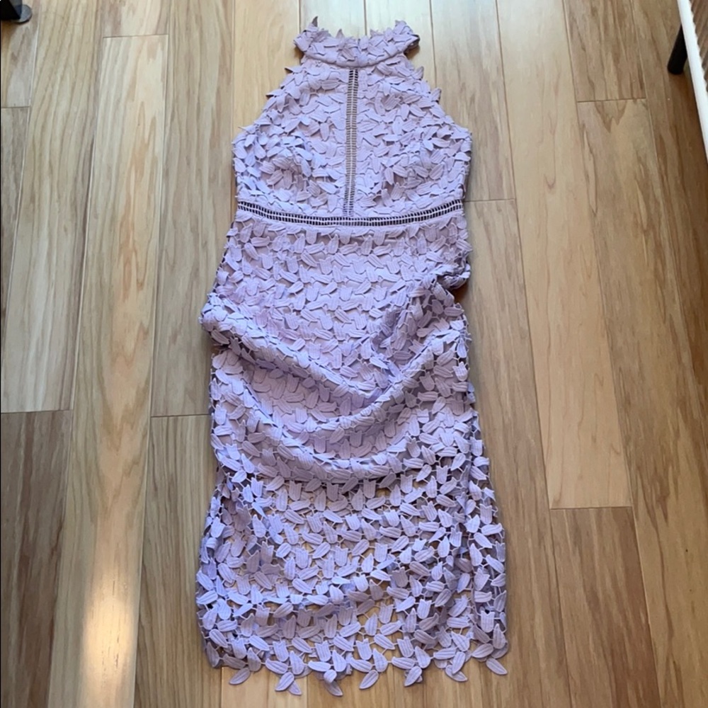 Lilac lace cocktail dress with open back